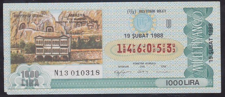 1988 19 ŞUBAT ÇEYREK BİLET U SERİSİ