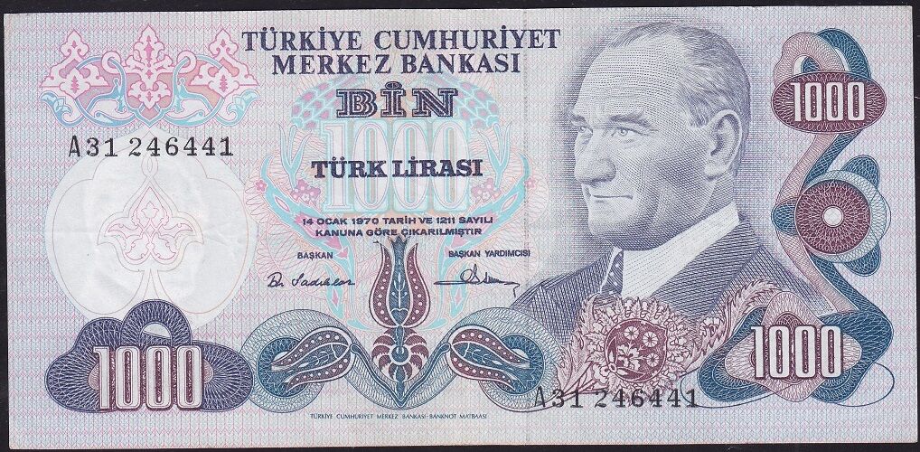 6.Emisyon 1.Tertip 1000 Lira A31 246441 Çok Temiz+