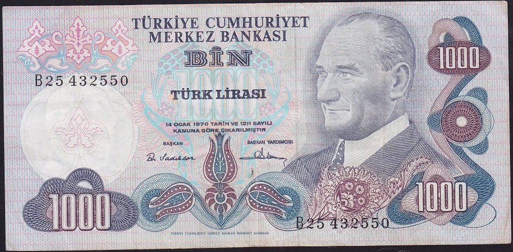 6.Emisyon 1.Tertip 1000 Lira B25 432550 Çok Temiz