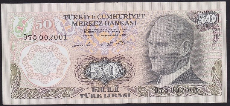 6.EMİSYON 1.TERTİP 50 LİRA D75 002001 ÇÇT +