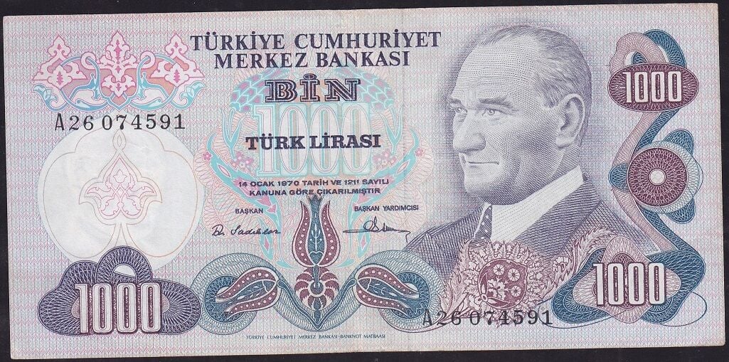 6.Emisyon 1.Tertip 1000 Lira A26 074591 Çok Temiz+