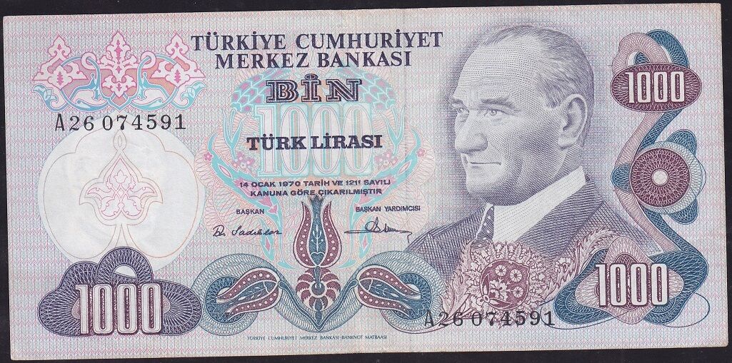 6.Emisyon 1.Tertip 1000 Lira A26 074591 Çok Temiz+