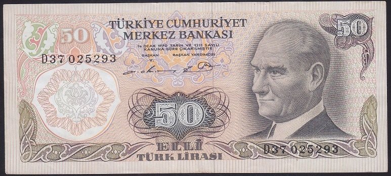 6.EMİSYON 1.TERTİP 50 LİRA D37 025293 ÇÇT eski para alan yerler