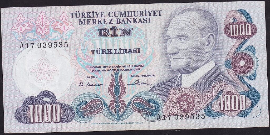 6.Emisyon 1.Tertip 1000 Lira A17 039535 Çok Temiz+