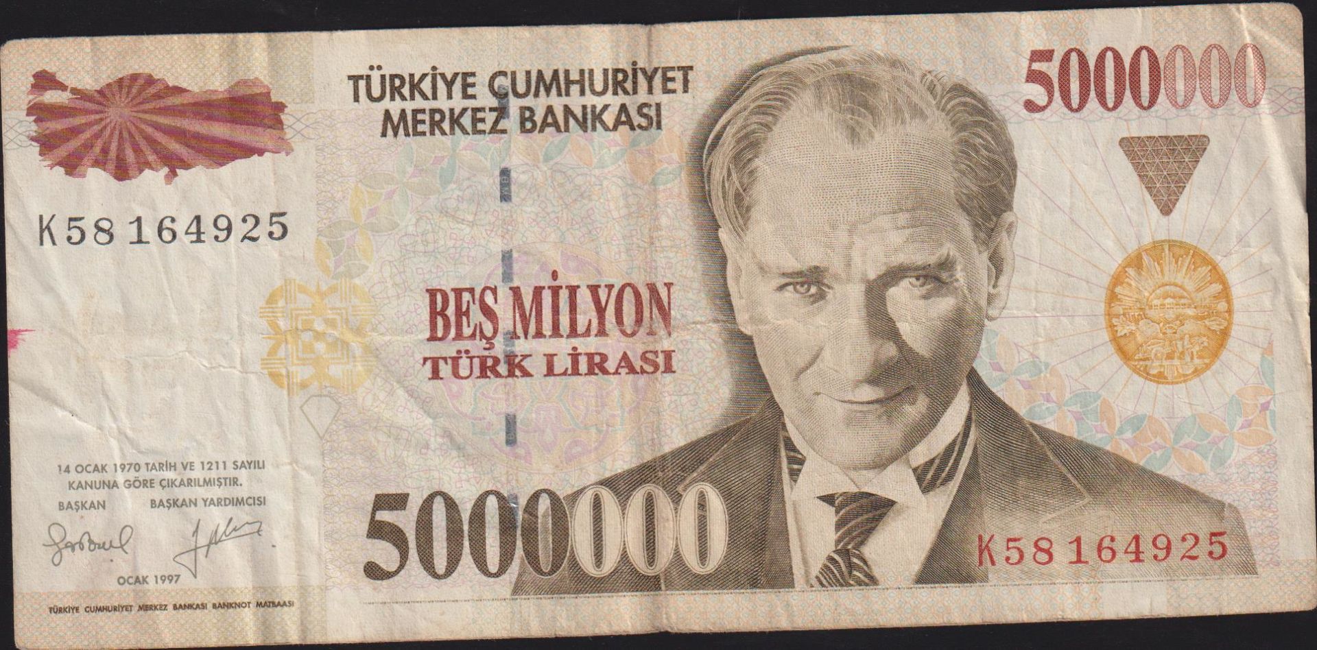 7.Emisyon 5 000 000 Lira K58 164925 Çok Temiz