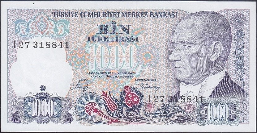 7.Emisyon 2.Tertip 1000 Lira I27 318841 Çilaltı Çil Bandrol baskı izi var