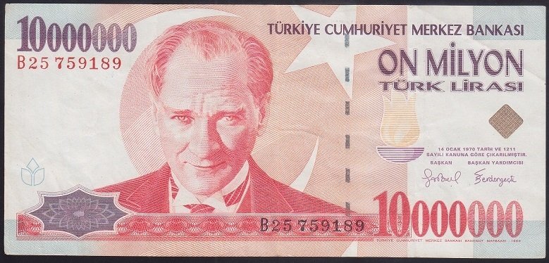 7.EMİSYON 10 000 000 LİRA B25 759189 ÇOK TEMİZ +