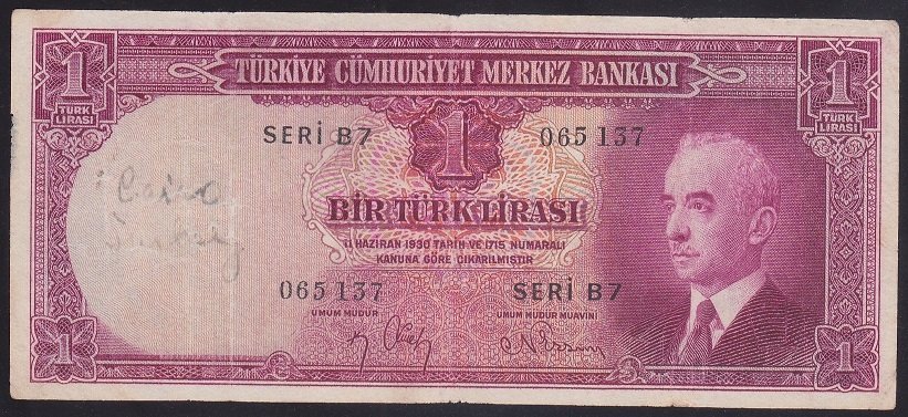 2.EMİSYON 1 LİRA B7 065137 ÇOK TEMİZ (DÜZLEME VAR)