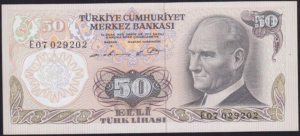 6.Emisyon 1.Tertip 50 Lira E07 029202 Çok Çok Temiz+