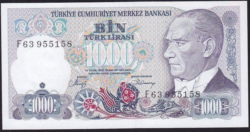 7.Emisyon 2.Tertip 1000 Lira F63 955158 Çil