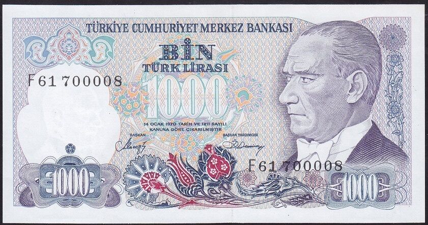7.Emisyon 2.Tertip 1000 Lira F61 700008 Çil