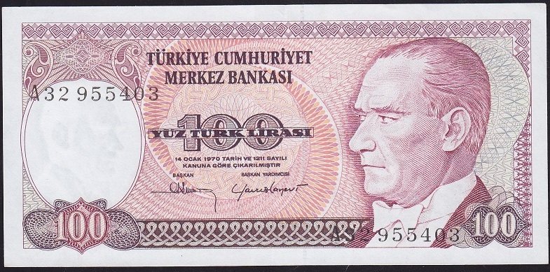 7.Emisyon 1.Tertip 100 Lira A32 955403 Çilaltı
