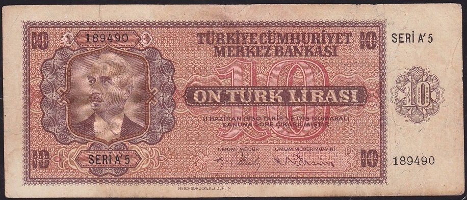 3.Emisyon 10 Lira A5 189490 Çok Temiz