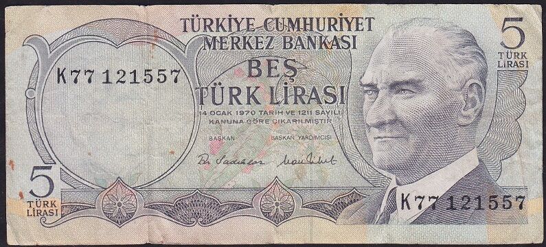 6.Emisyon 2.Tertip 5 Lira K77 121557 Çok Temiz