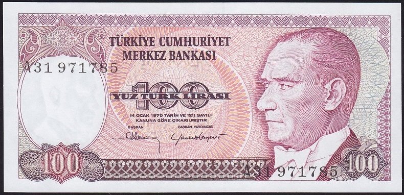 7.Emisyon 1.Tertip 100 Lira A31 971785 Çil