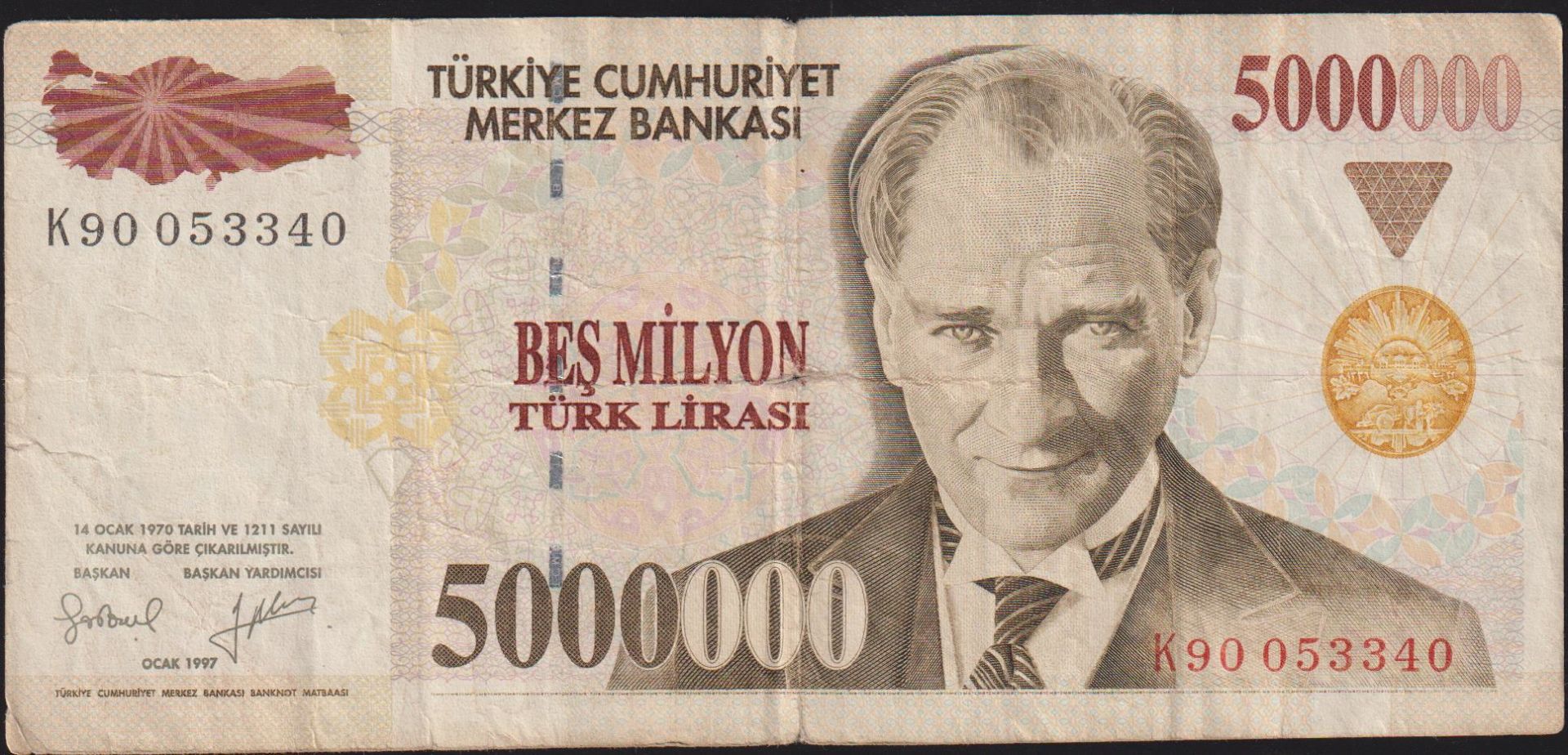 7.Emisyon 5 000 000 Lira K90 053340 Çok Temiz