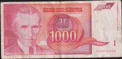 Yugoslavya 1000 Dinar 1992 Çok Temiz