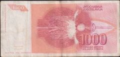 Yugoslavya 1000 Dinar 1992 Çok Temiz