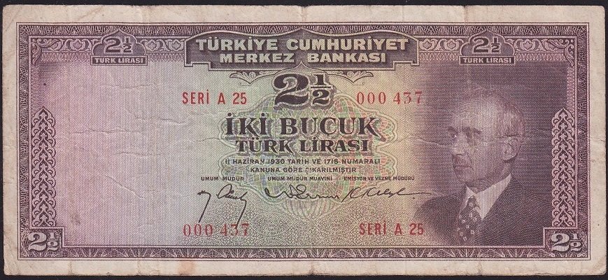 3.Emisyon 2.5 Lira A25 000437 Çok Temiz