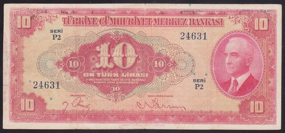 4.EMİSYON 1.TERTİP 10 LİRA P2 24631 ÇOK TEMİZ(ÇERÇEVEDE DÜZELTME VAR)
