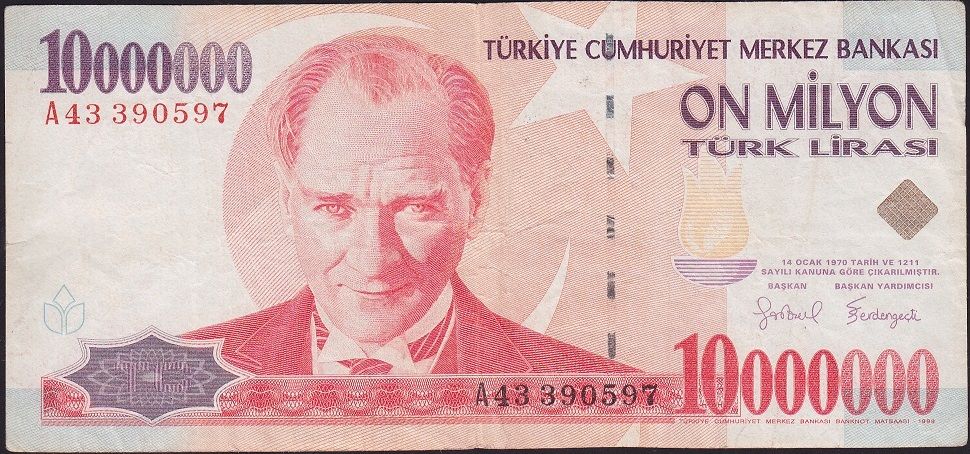 7.Emisyon 10 000 000 Lira A43 390597 Çok Temiz