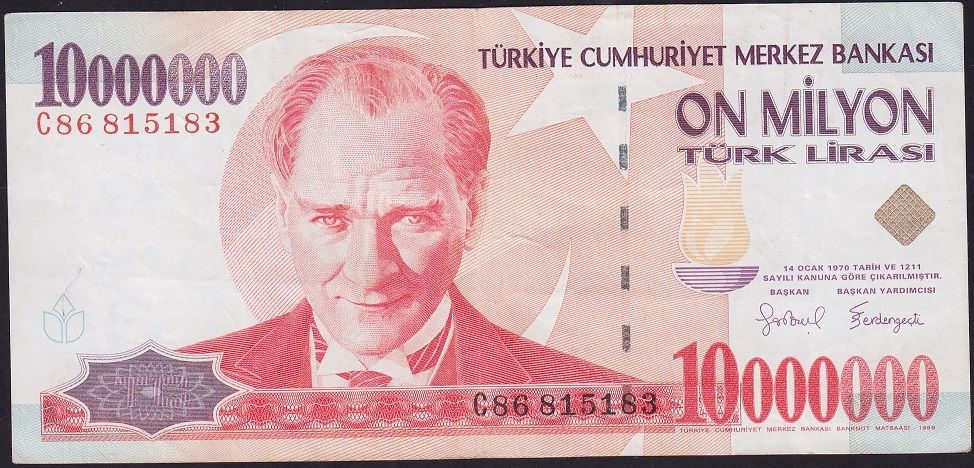 7.Emisyon 10 000 000 Lira C86 815183 Çok Temiz+