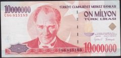 7.Emisyon 10 000 000 Lira C86 815183 Çok Temiz+