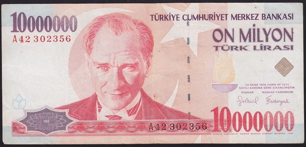 7.Emisyon 10 000 000 Lira A42 302356 Çok Temiz