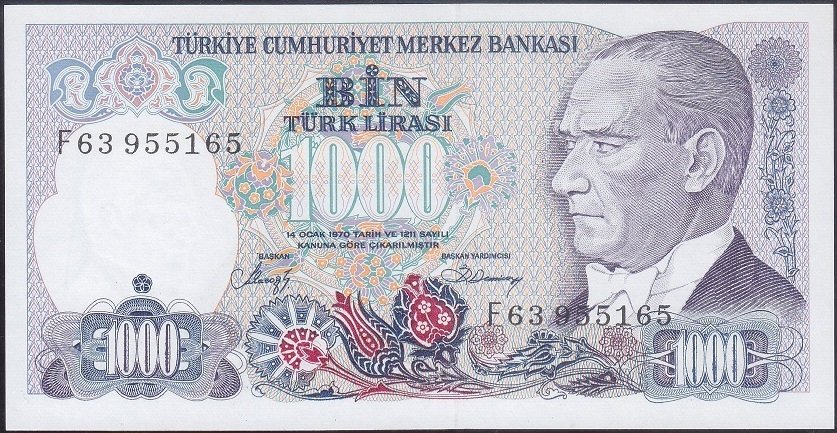 7.Emisyon 2.Tertip 1000 Lira F63 955165 Çil