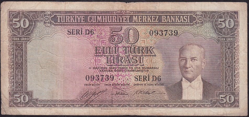 5.Emisyon 1.Tertip 50 Lira D6 093739 Çok Temiz