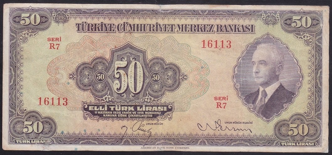 3.EMİSYON 50 LİRA R7 16113 ÇOK TEMİZ (ÇERÇEVEDE KÜÇÜK DOLGULAR VAR) eski para