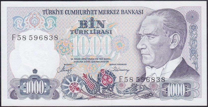 7.Emisyon 2.Tertip 1000 Lira F58 596838 Çil