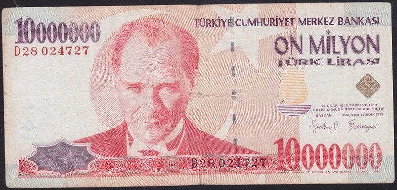 7.EMİSYON 10 000 000 LİRA D28 024727 ÇOK TEMİZ eski kağıt para değerleri