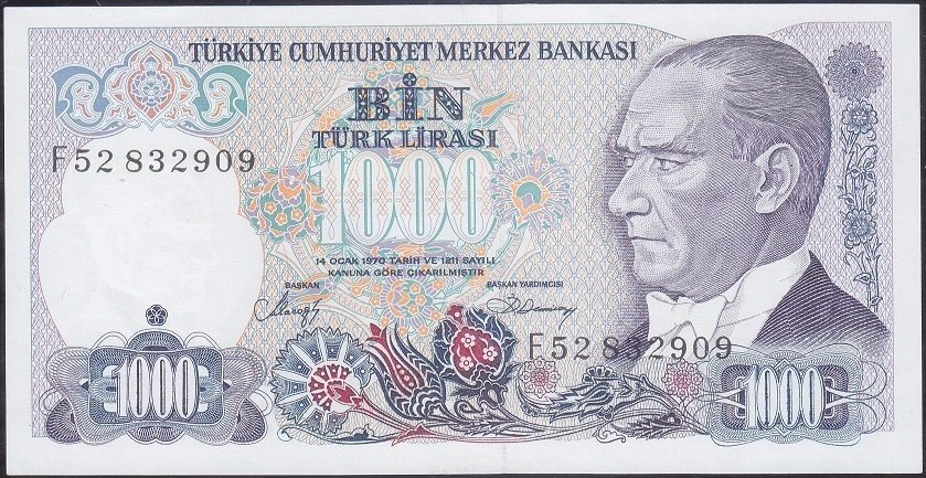 7.Emisyon 2.Tertip 1000 Lira F52 832909 Çil