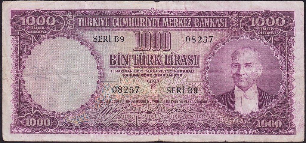 5.Emisyon 1.Tertip 1000 Lira B9 08257 Çok Temiz