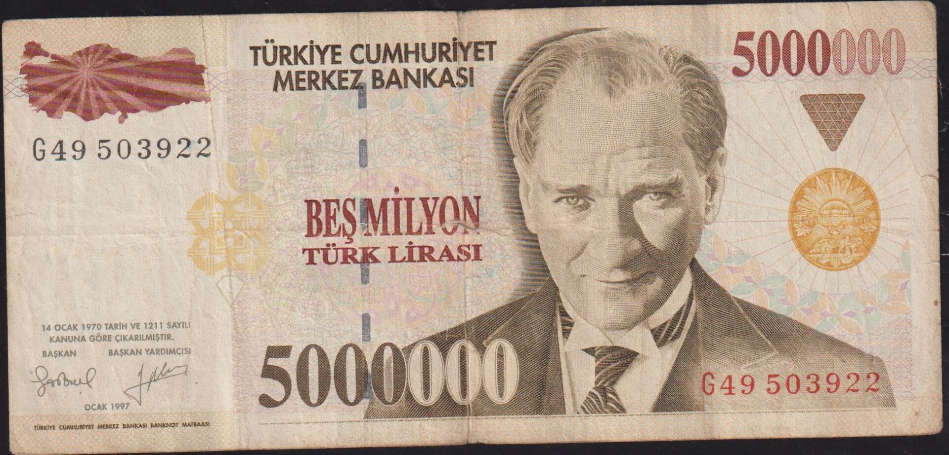 7.Emisyon 5 000 000 Lira G49 503922 Temiz