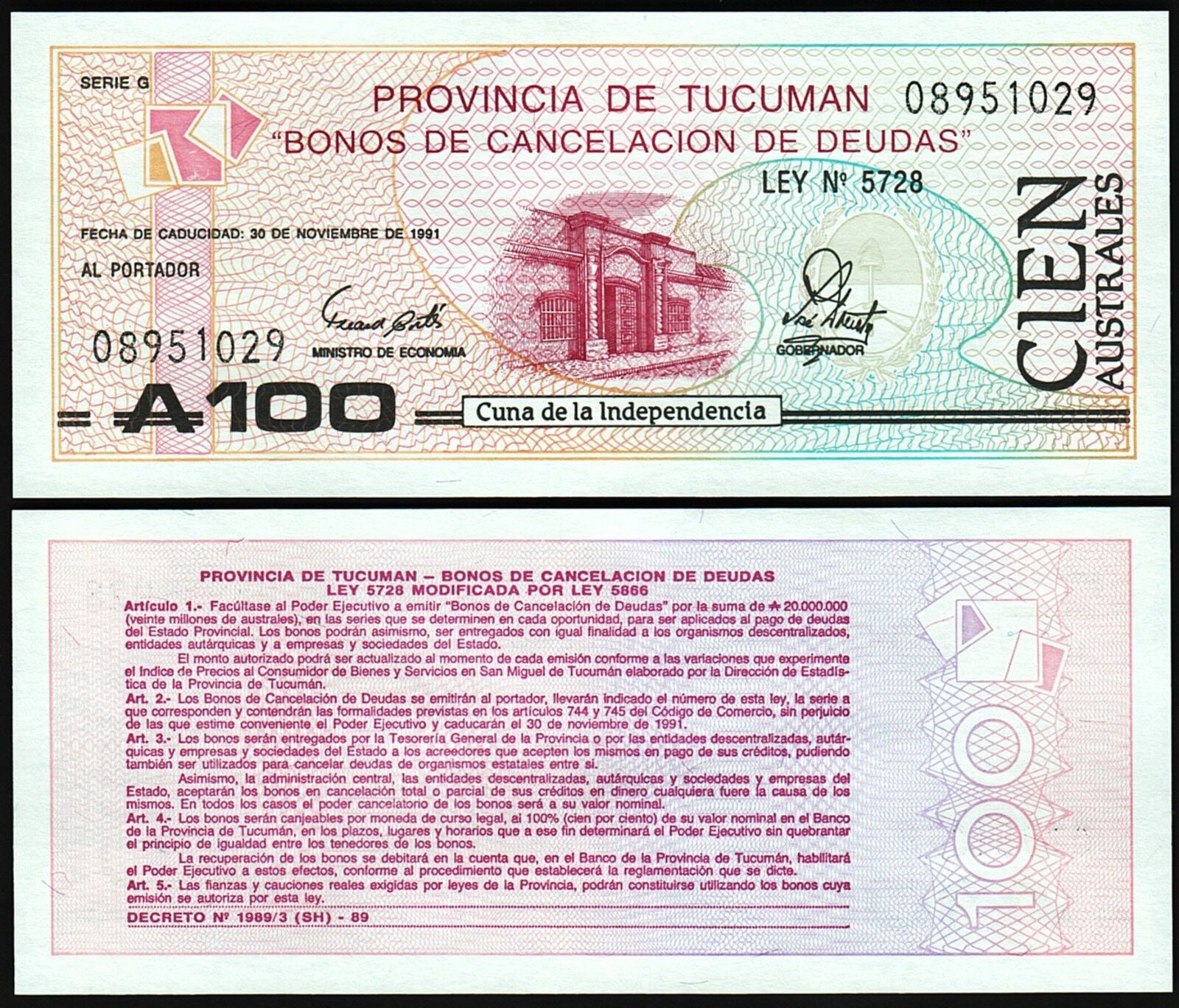 Arjantin 100 Australes 1991 Çil Pick S2715