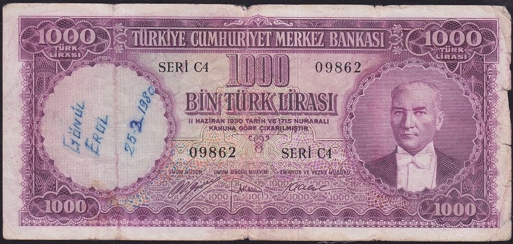 5.Emisyon 1.Tertip 1000 Lira C4 09862 Temiz