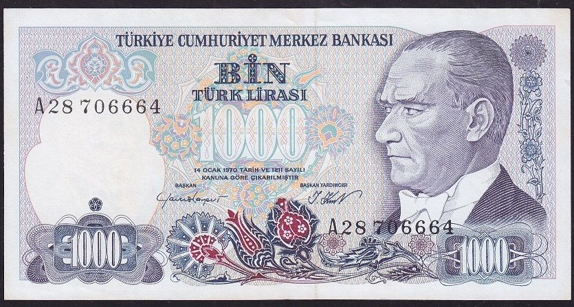7.Emisyon 1.Tertip 1000 Lira A28 706664 Ççt Çilaltı