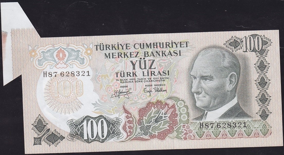 6.Emisyon 2.Tertip 100 Lira H87 628321 Ççt Çilaltı - ERÖR Hatalı Para