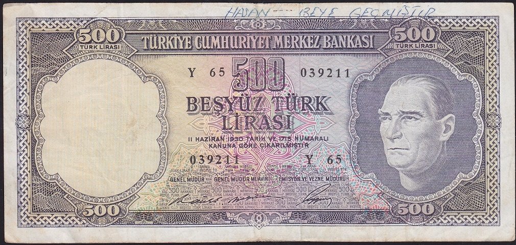 5.Emisyon 4.Tertip 500 Lira Y65 039211 Çok Temiz