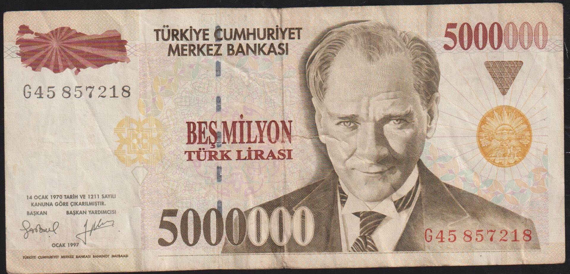 7.Emisyon 5 000 000 Lira G45 857218 Çok Temiz
