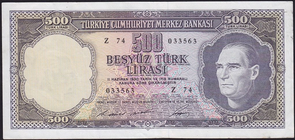 5.Emisyon 4.Tertip 500 Lira Z74 033563 Çok Temiz - Ççt