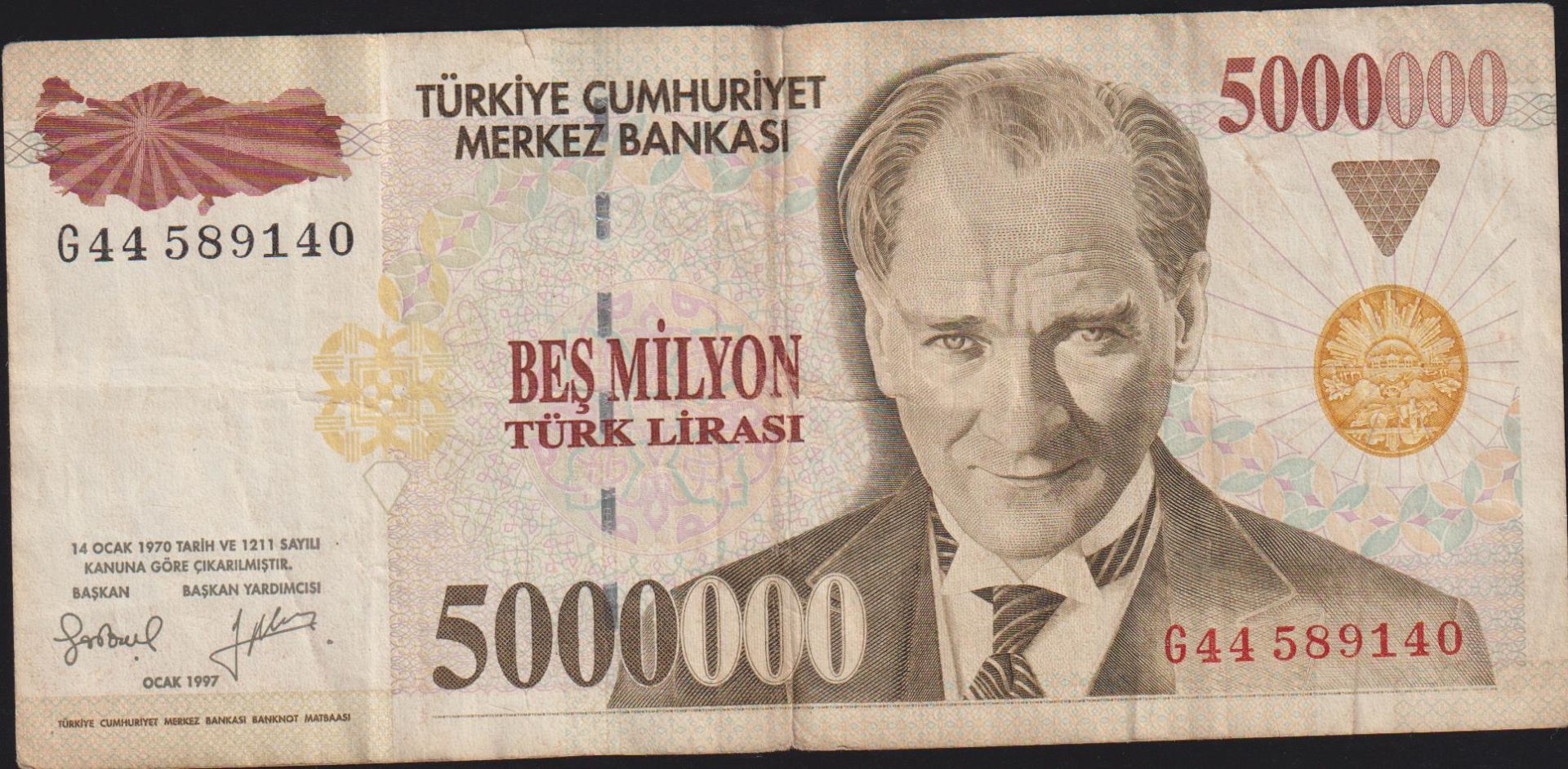 7.Emisyon 5 000 000 Lira G44 589140 Çok Temiz