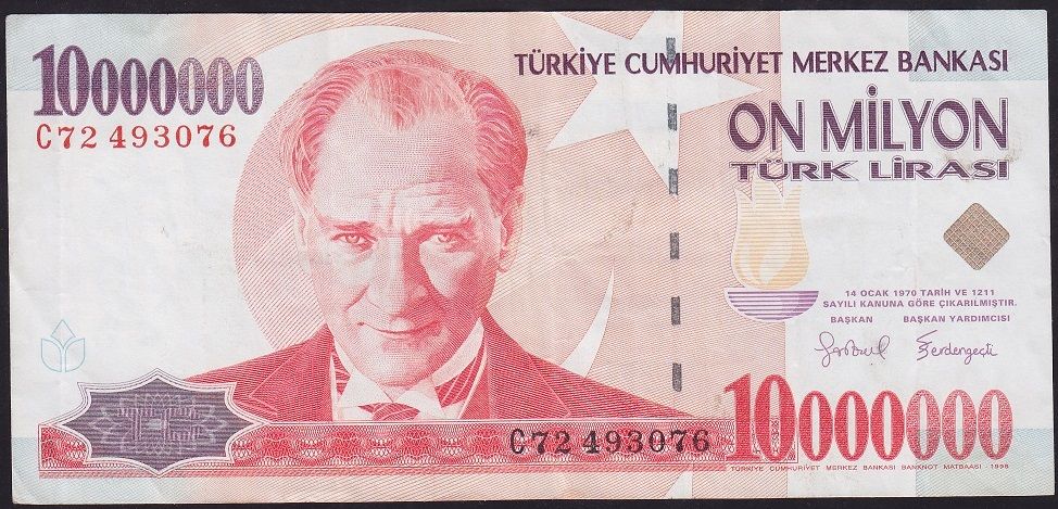 7.Emisyon 10 000 000 Lira C72 493076 Çok Temiz+