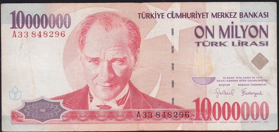 7.Emisyon 10 000 000 Lira A33 848296 Çok Temiz