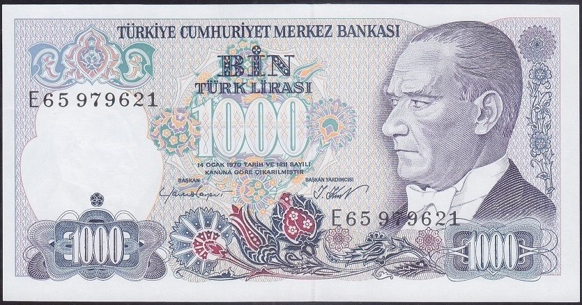 7.Emisyon 1.Tertip 1000 Lira E65 979621 Çilaltı Çil
