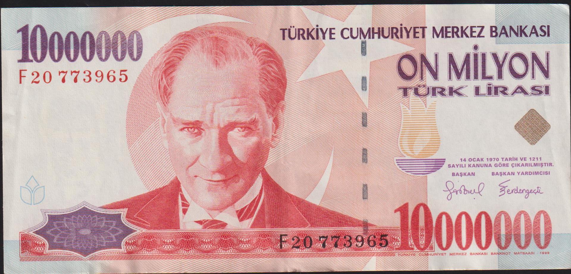7.Emisyon 10 000 000 Lira F20 773965 Çok Çok Temiz+