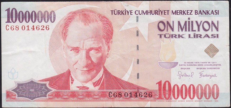 7.Emisyon 10 000 000 Lira C68 014626 Çok Temiz
