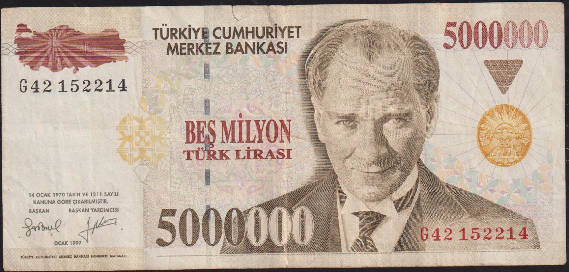 7.Emisyon 5 000 000 Lira G42 152214 Çok Temiz